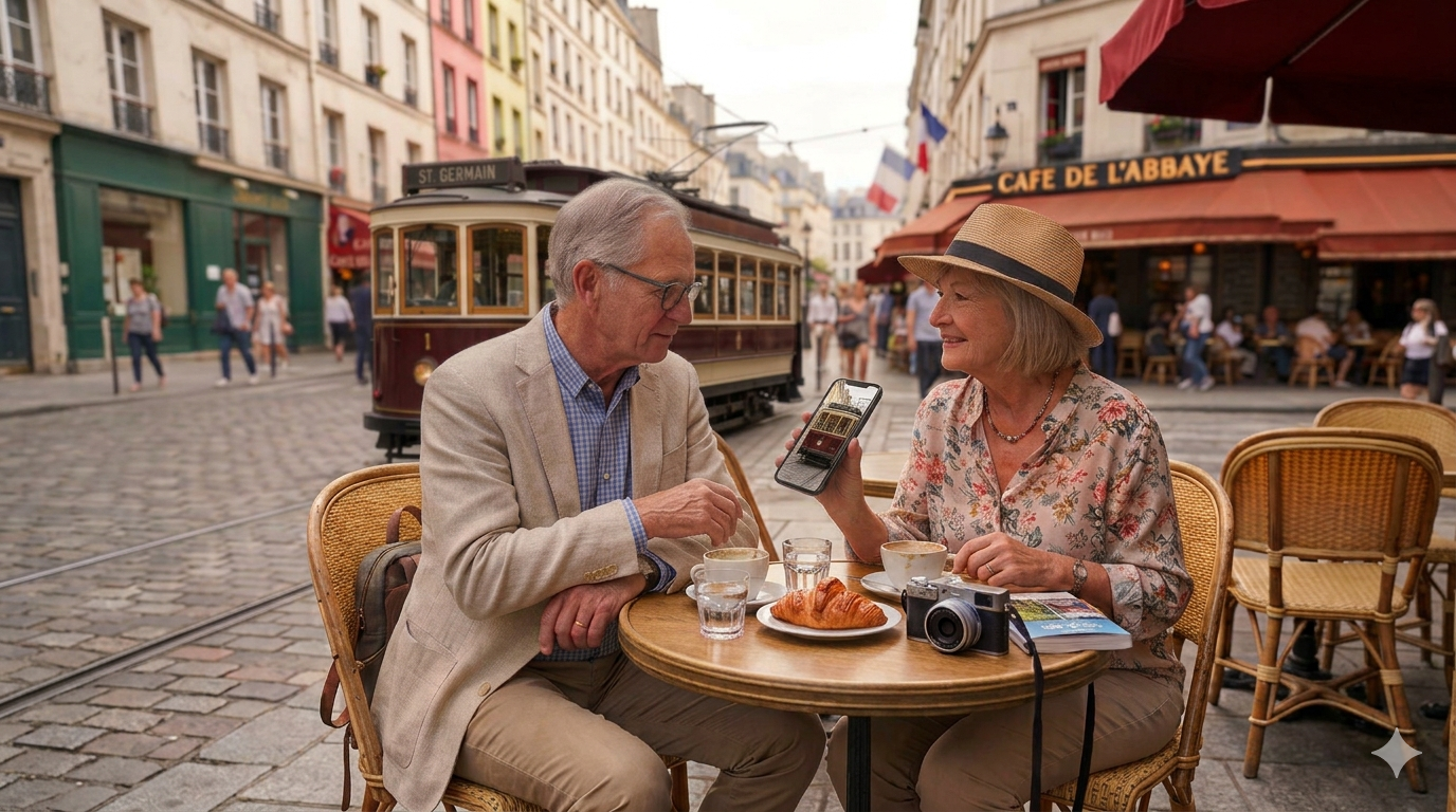 An older couple sitting at a Paris cafe table, the woman smiling and showing her phone to the man beside a vintage tram.