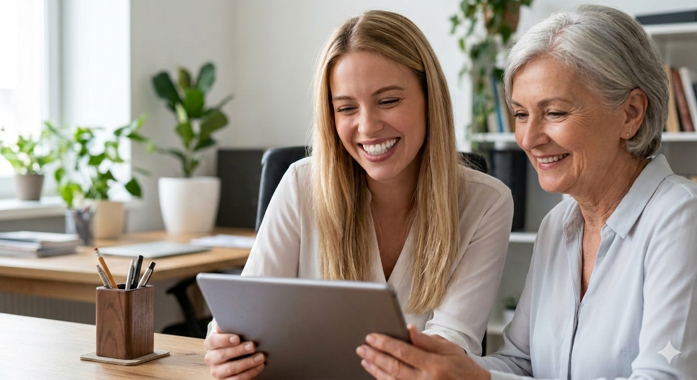 A woman and an older woman smiling together while looking at a tablet.